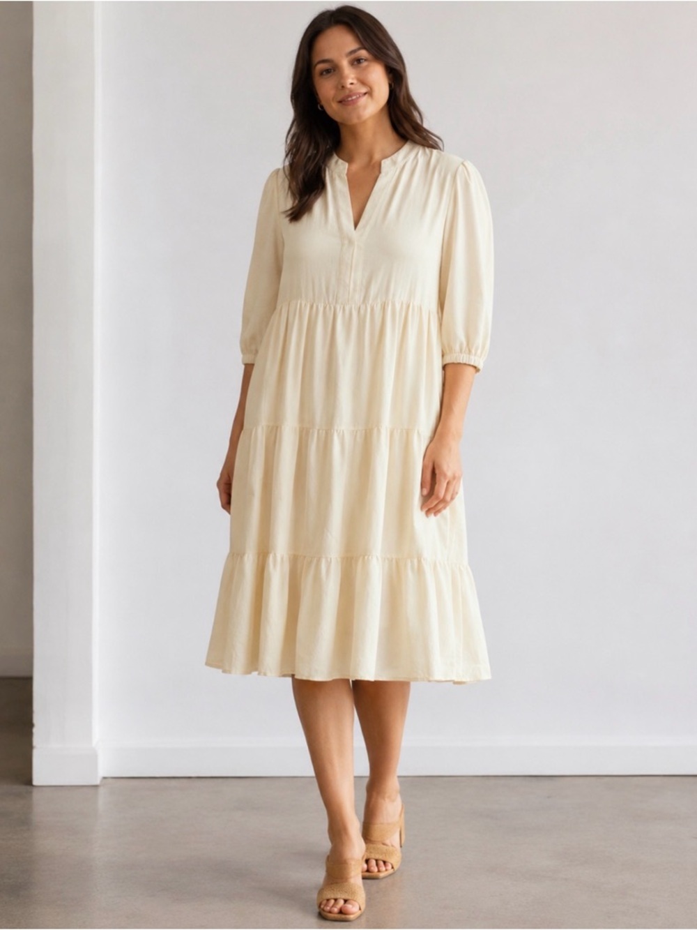 Entro NWT Tiered Ruffle 3/4 Sleeve Dress Casual Beach Lightweight Creme Size L